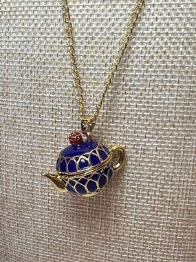 Gold Alloy Blue Tea Time Kettle Magnetic Locket Sweater Long necklace 28” NWOT